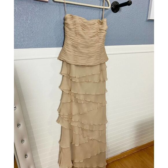 Jovani Vintage Nude Strapless Gown Ruched Bodice and Ruffle - Picture 5 of 15